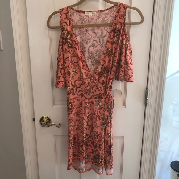 Juniors Copper Key Floral Wrap Cold Shoulder Dress - Picture 2 of 8